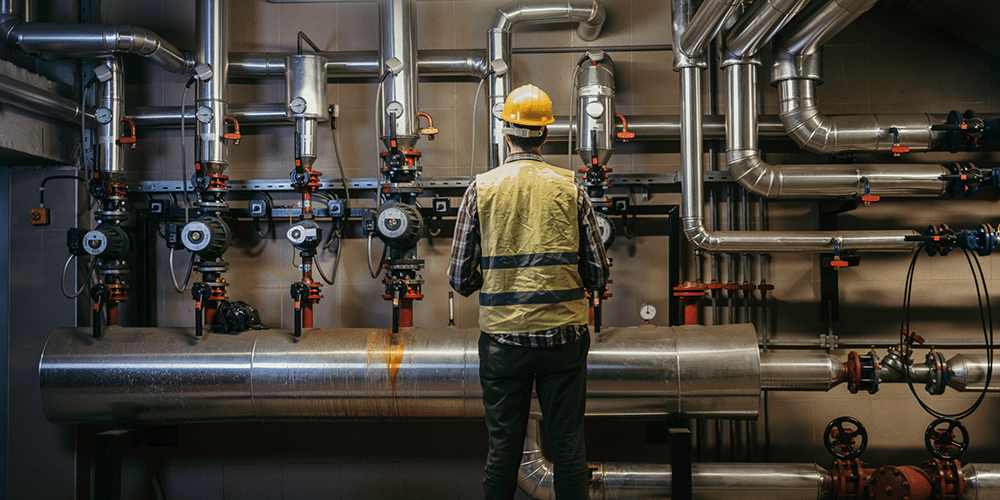 Commercial building technician wearing yellow vest and hard hat inspects gauges and pipes.