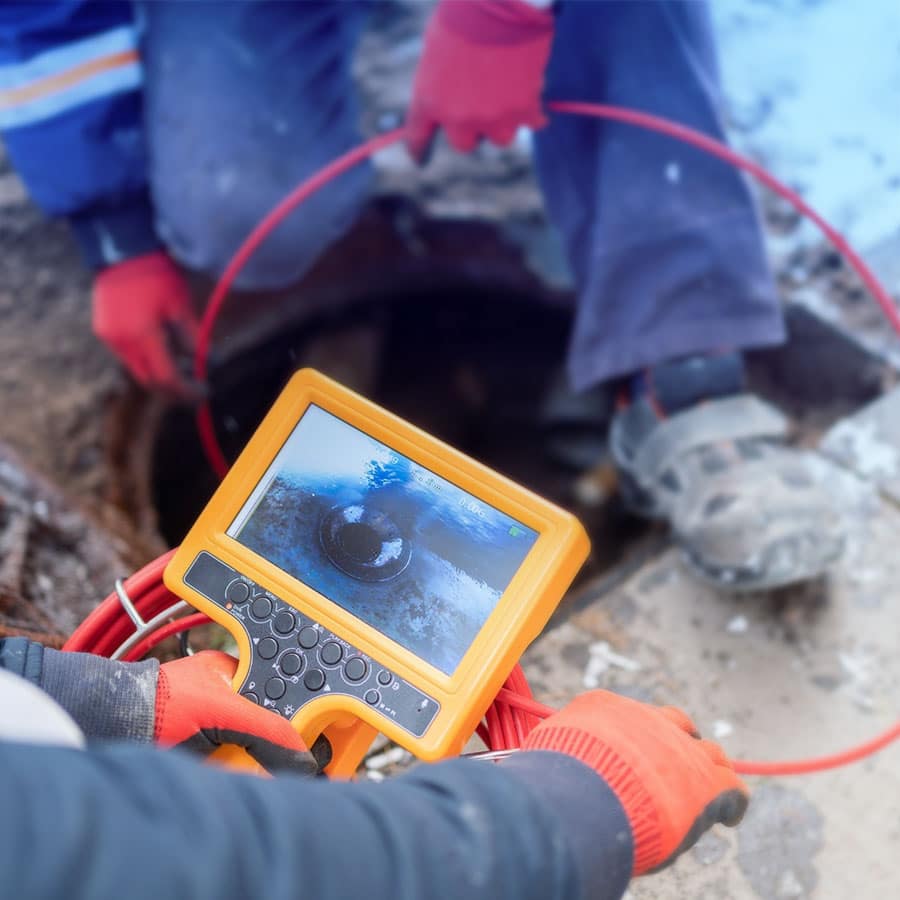 Experts using a camera to identify the cause of a blockage in a sewer line