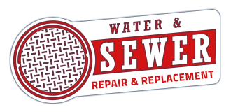 Water and sewer repair and replacement logo, white and red.