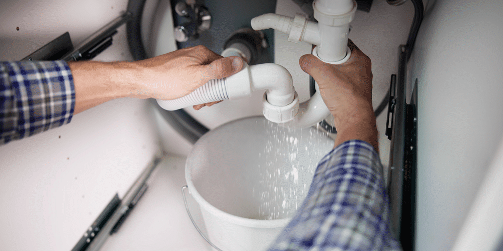 Plumber tightens sink trap after fixing a pipe clog.