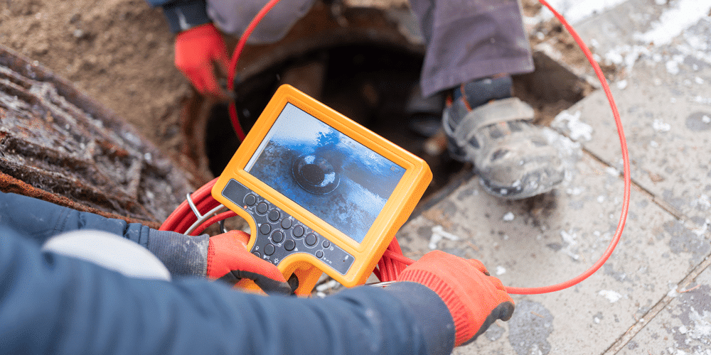 Experts use camera to identify the cause of a blockage in a sewer line.