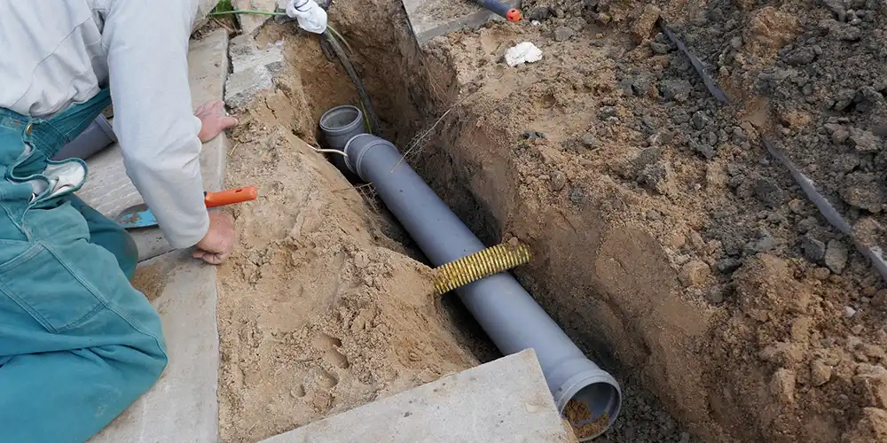 Sewer Line Workers dig into ground to perform work and repair on a sewer line.